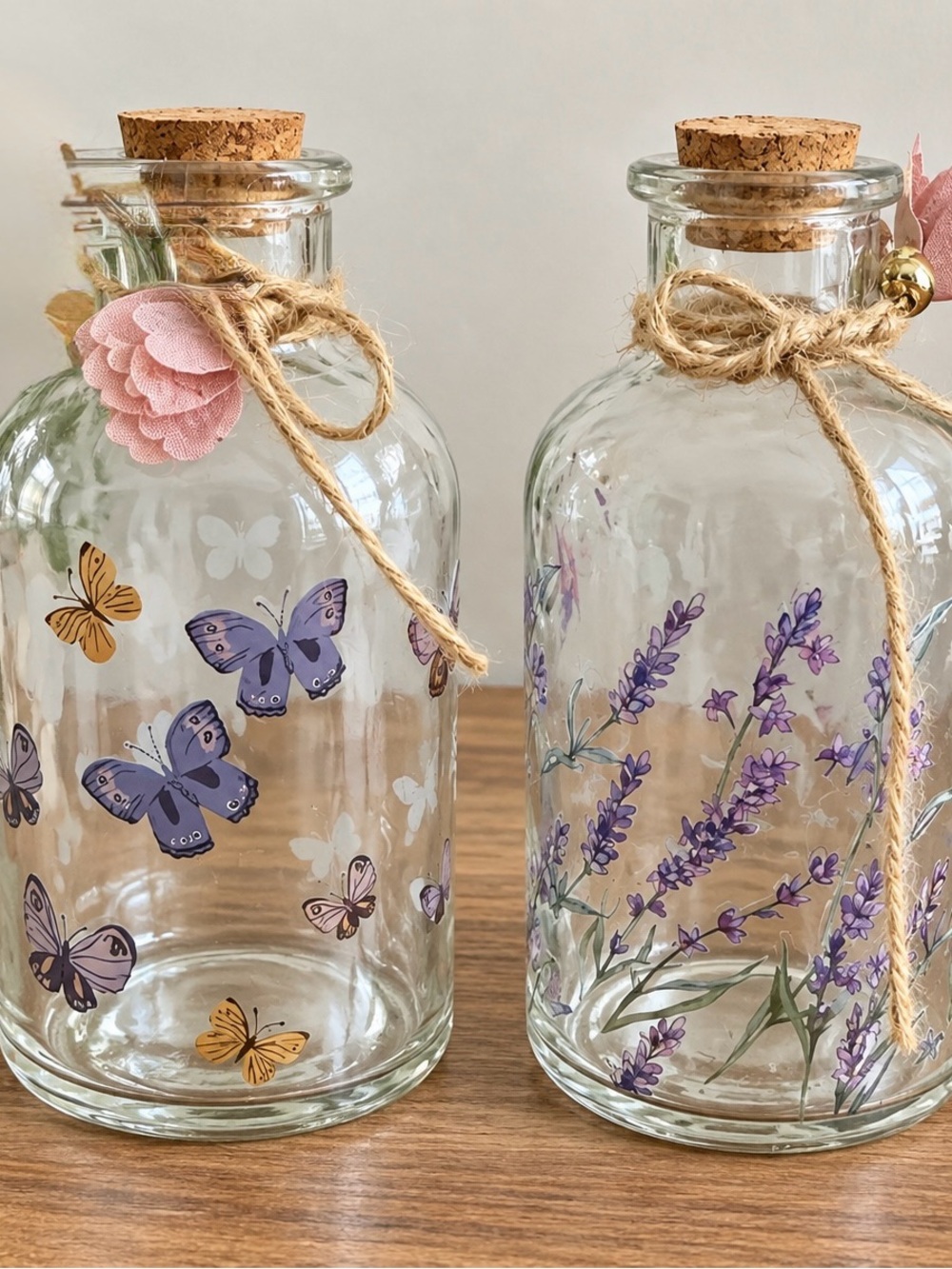 Decorative Lavender & Butterfly Glass Bottle Pair - Pink Accent